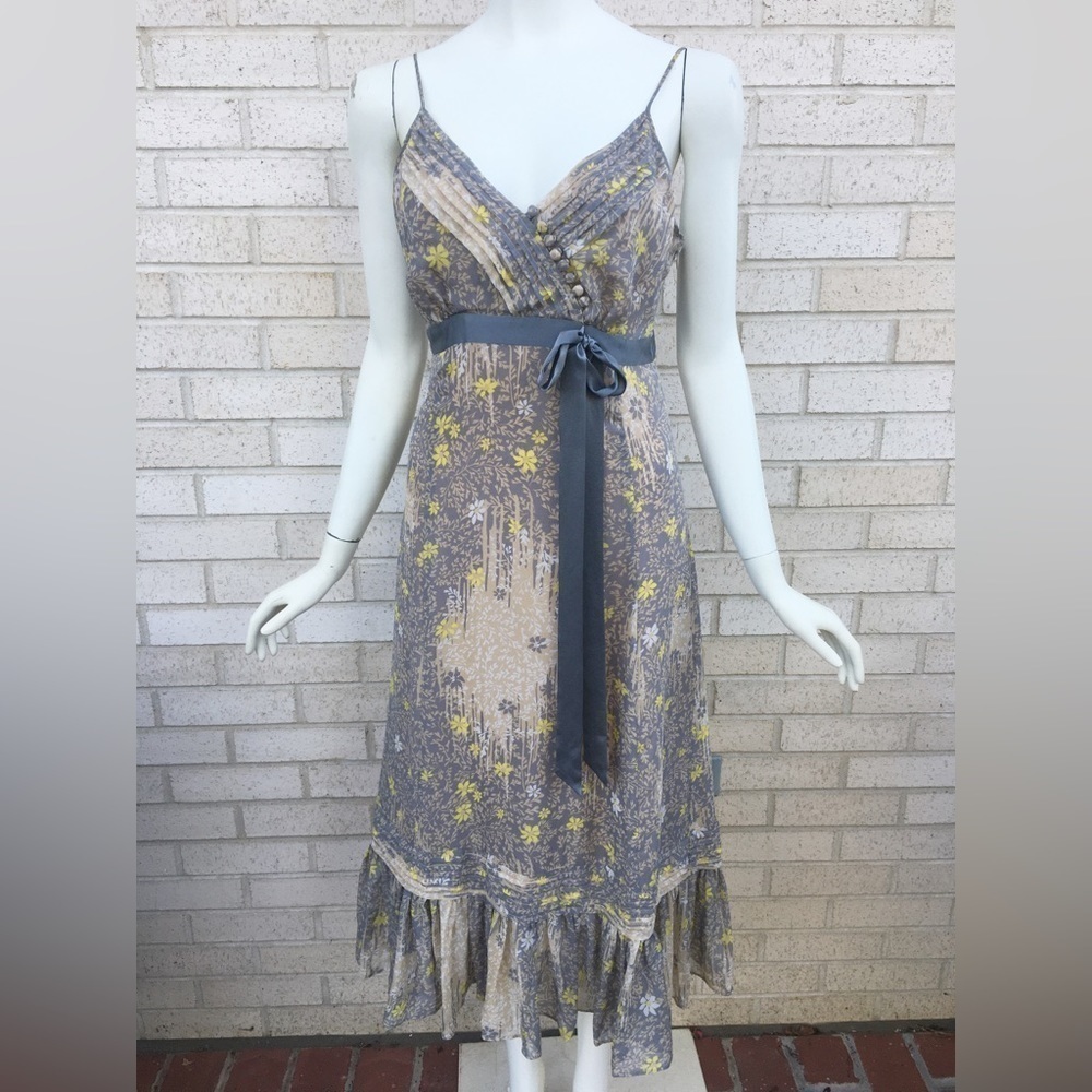 Ted Baker Dress Size 2 Rare Sample Floral Gray (Grey) Tan Yellow Strap Slip